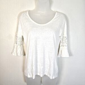 St Tropez West Shirt Women's XS White Linen Lace Inset Bell Sleeve Coastal Beach